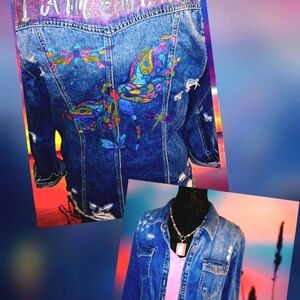 Hand Painted "I Am Enough"  Denim Jacket, With Tshirt And Seaglass Necklace